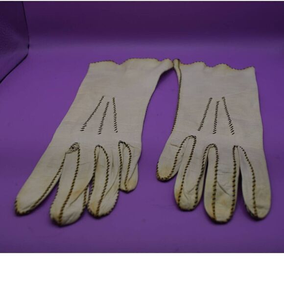 Vintage Off-White Stitched Leather Gloves - Picture 1 of 4